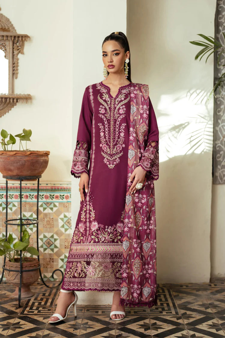 JAZMIN-3PC DHANAK EMBROIDERED SHIRT WITH COURTRAI WOOL PRINTED SHAWL AND TROUSER-WJ-1943