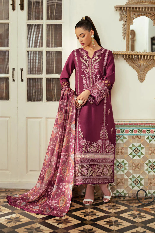 JAZMIN-3PC DHANAK EMBROIDERED SHIRT WITH COURTRAI WOOL PRINTED SHAWL AND TROUSER-WJ-1943
