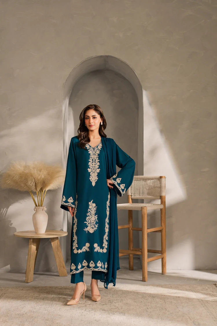 VINTAGE-3PC DHANAK EMBROIDERED SHIRT WITH BAMBER CHIFFON DUPATTA AND TROUSER-W.J-1980