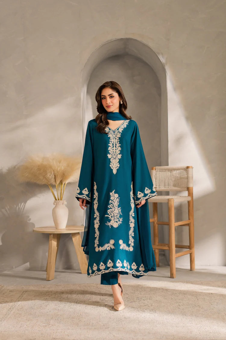 VINTAGE-3PC DHANAK EMBROIDERED SHIRT WITH BAMBER CHIFFON DUPATTA AND TROUSER-W.J-1980