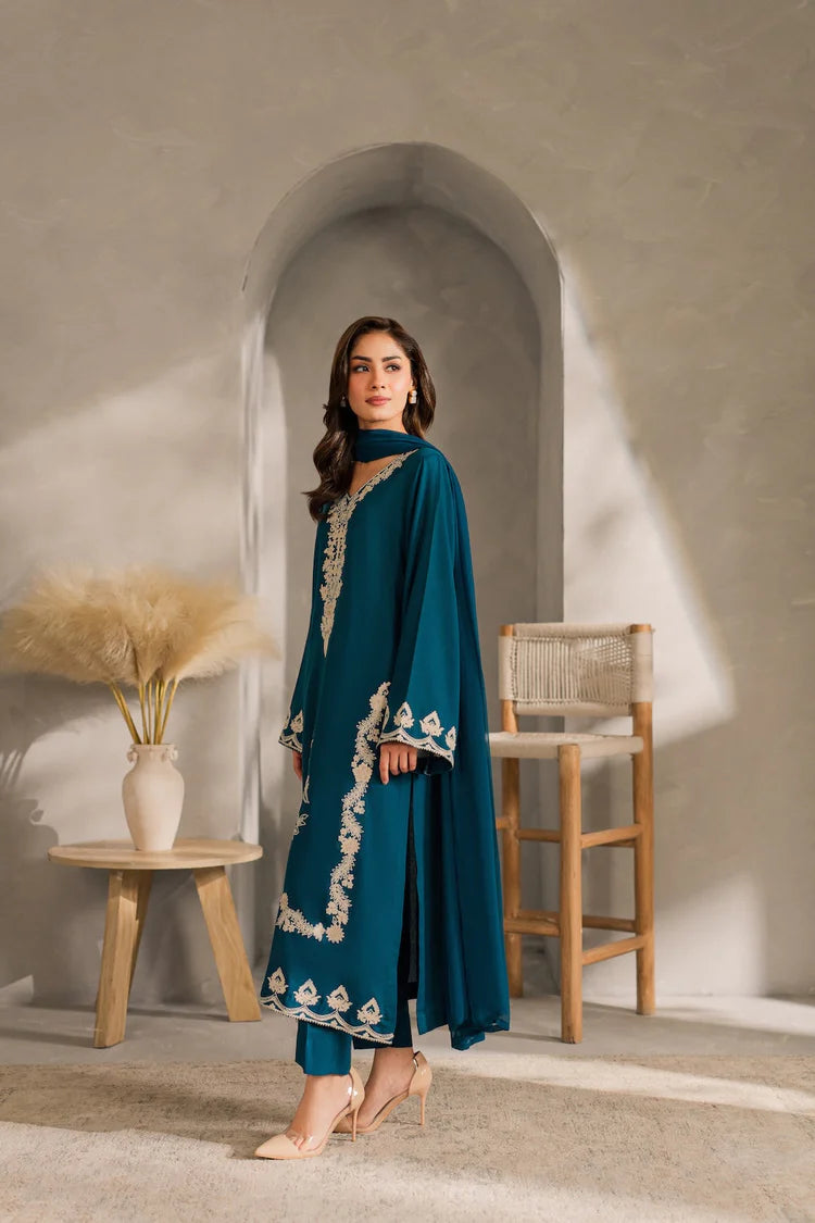 VINTAGE-3PC DHANAK EMBROIDERED SHIRT WITH BAMBER CHIFFON DUPATTA AND TROUSER-W.J-1980