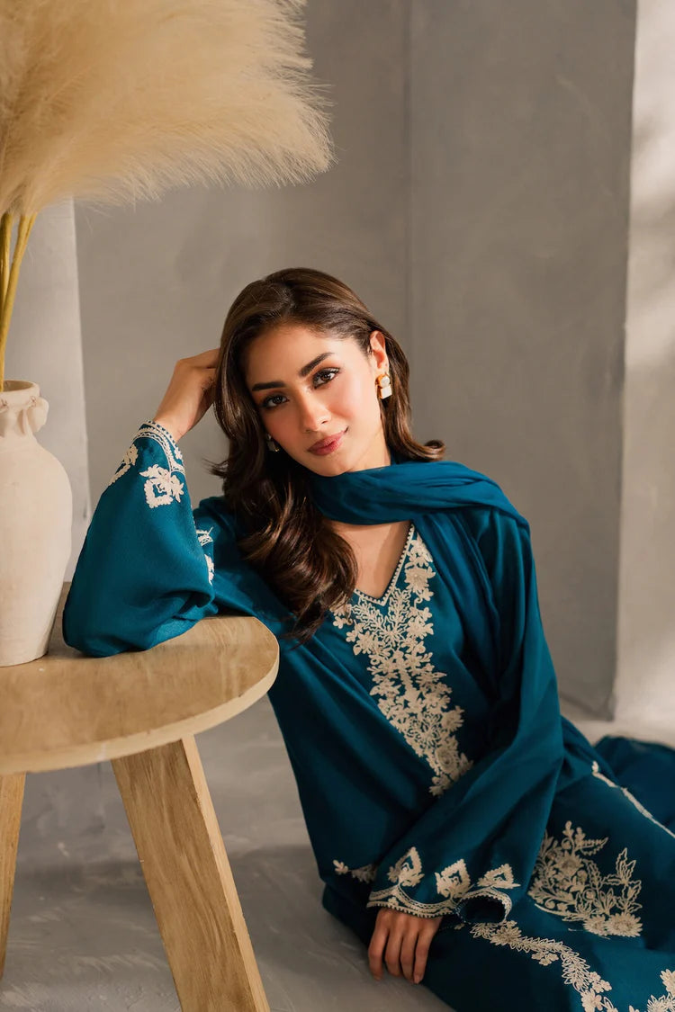 VINTAGE-3PC DHANAK EMBROIDERED SHIRT WITH BAMBER CHIFFON DUPATTA AND TROUSER-W.J-1980