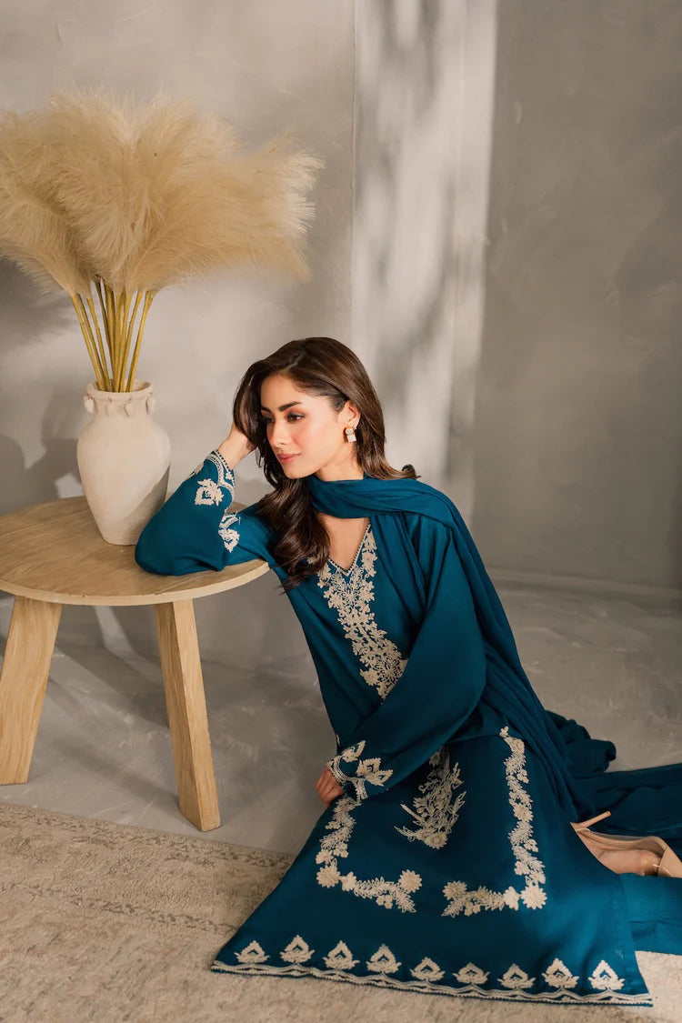 VINTAGE-3PC DHANAK EMBROIDERED SHIRT WITH BAMBER CHIFFON DUPATTA AND TROUSER-W.J-1980