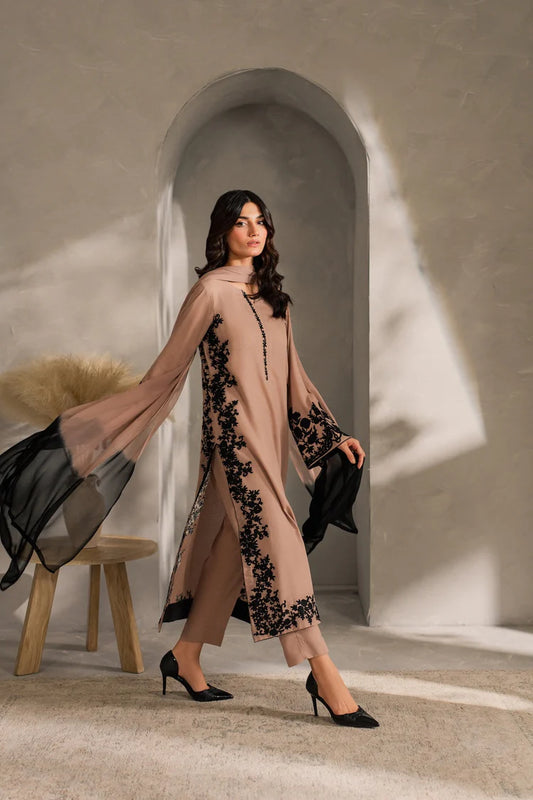 ASIM JOFA-3PC DHANAK EMBROIDERED SHIRT WITH TYE&DYED CHIFFON DUPATTA AND TROUSER-W.J-1979