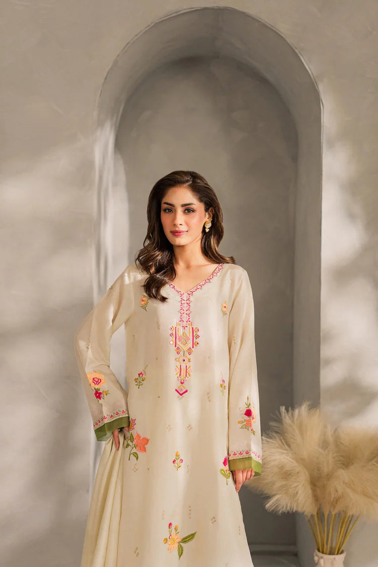 VINTAGE-3PC DHANAK EMBROIDERED SHIRT WITH BAMBER CHIFFON DUPATTA AND TROUSER-W.J-1981