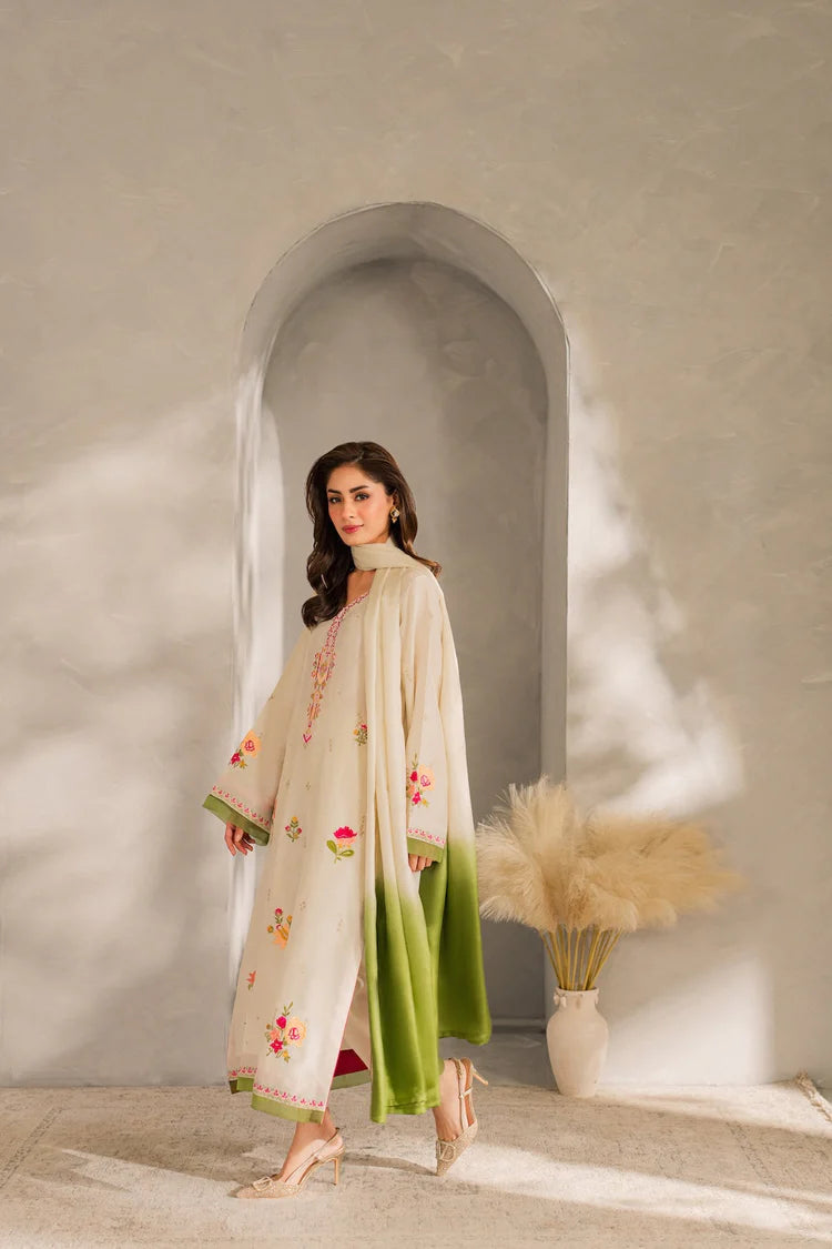 VINTAGE-3PC DHANAK EMBROIDERED SHIRT WITH BAMBER CHIFFON DUPATTA AND TROUSER-W.J-1981