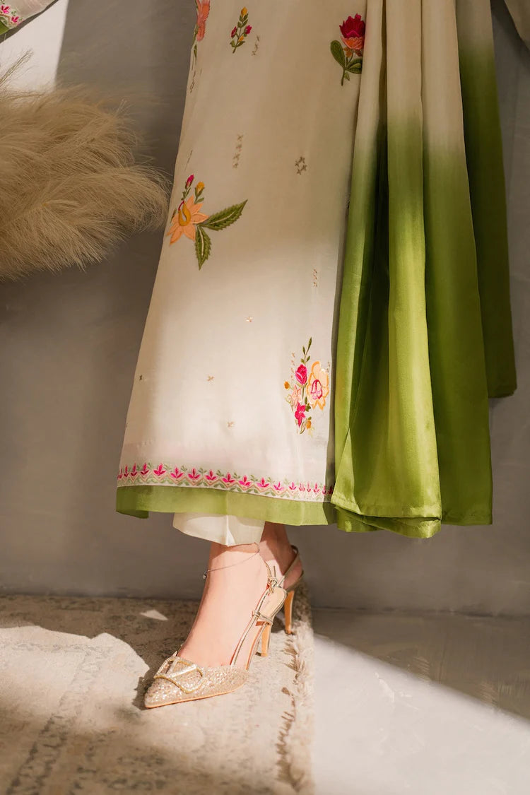 VINTAGE-3PC DHANAK EMBROIDERED SHIRT WITH BAMBER CHIFFON DUPATTA AND TROUSER-W.J-1981