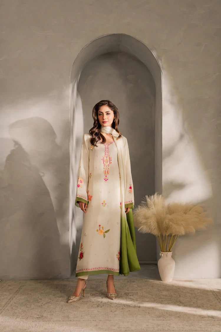 VINTAGE-3PC DHANAK EMBROIDERED SHIRT WITH BAMBER CHIFFON DUPATTA AND TROUSER-W.J-1981