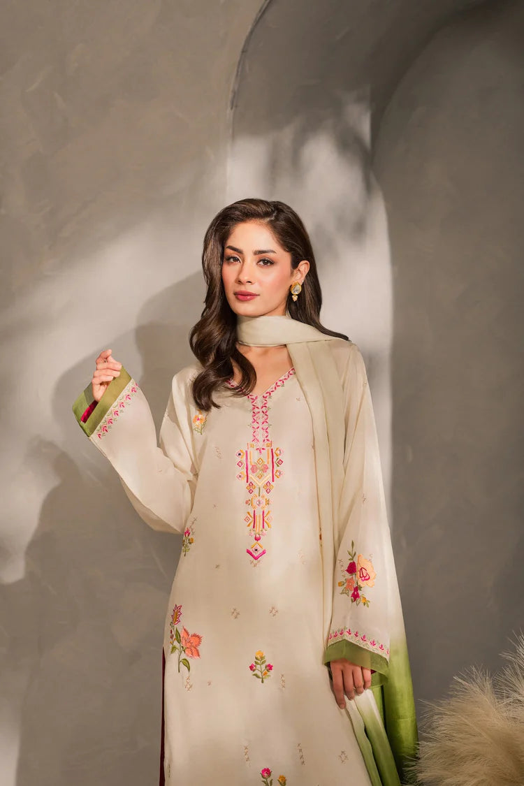 VINTAGE-3PC DHANAK EMBROIDERED SHIRT WITH BAMBER CHIFFON DUPATTA AND TROUSER-W.J-1981