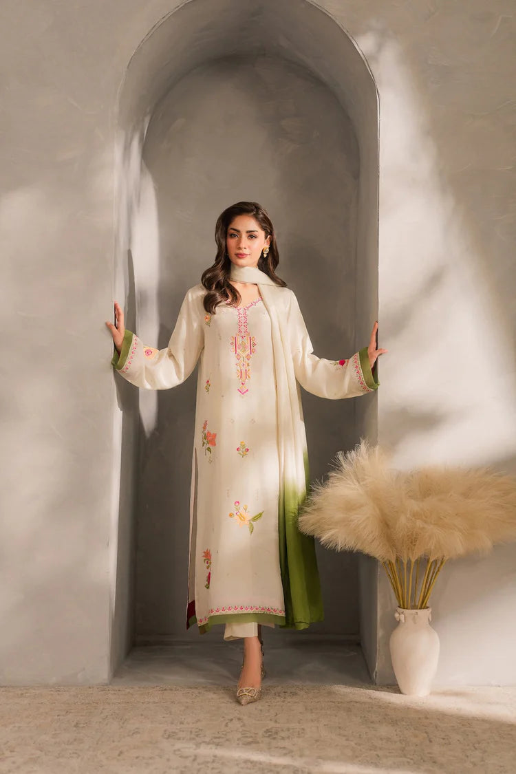 VINTAGE-3PC DHANAK EMBROIDERED SHIRT WITH BAMBER CHIFFON DUPATTA AND TROUSER-W.J-1981