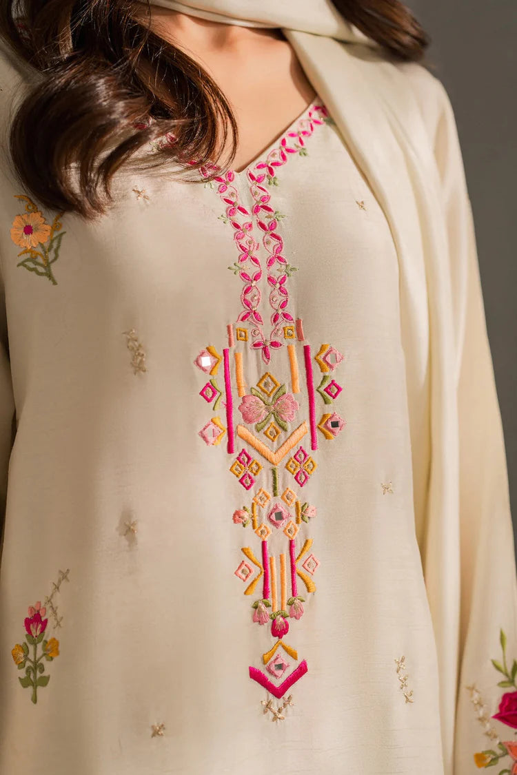 VINTAGE-3PC DHANAK EMBROIDERED SHIRT WITH BAMBER CHIFFON DUPATTA AND TROUSER-W.J-1981