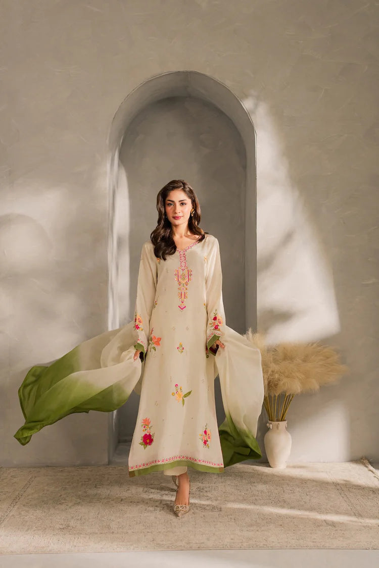 VINTAGE-3PC DHANAK EMBROIDERED SHIRT WITH BAMBER CHIFFON DUPATTA AND TROUSER-W.J-1981