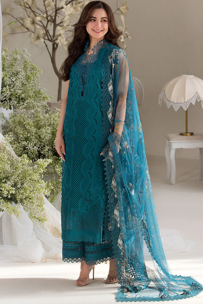SOBIA NAZIR-3PC DHANAK CHIKAN EMBROIDERED SHIRT WITH COURTRAI PRINTED SHAWL AND TROUSER W.J-1659