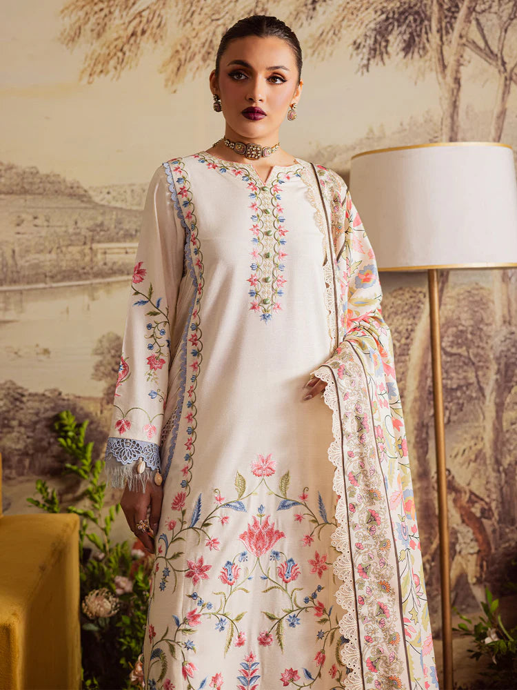 MAHNUR-3PC DHANAK EMBROIDERED SHIRT WITH COURTRAI PRINTED SHAWL & TROUSER-W.J-2037