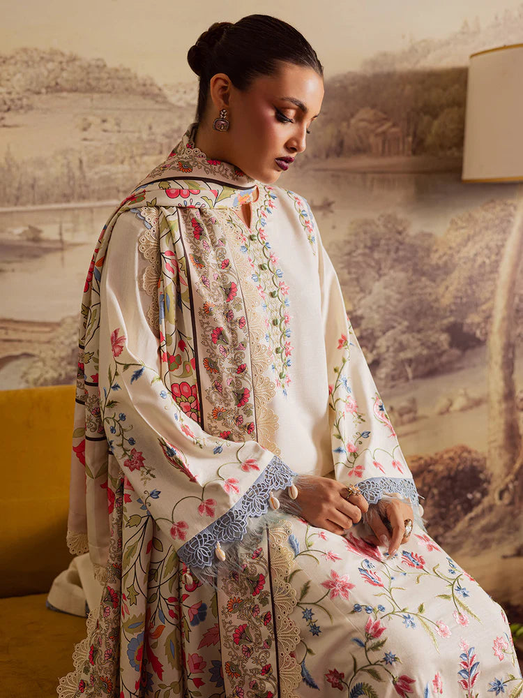 MAHNUR-3PC DHANAK EMBROIDERED SHIRT WITH COURTRAI PRINTED SHAWL & TROUSER-W.J-2037