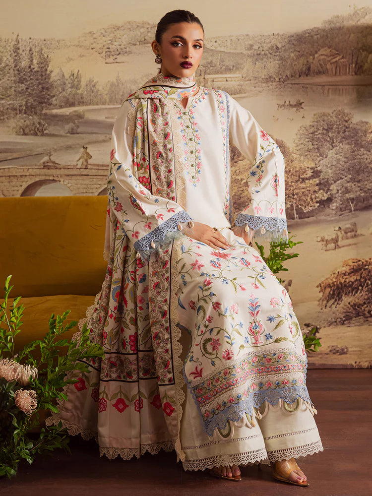 MAHNUR-3PC DHANAK EMBROIDERED SHIRT WITH COURTRAI PRINTED SHAWL & TROUSER-W.J-2037