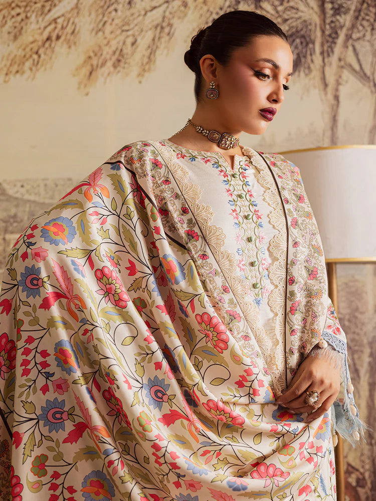 MAHNUR-3PC DHANAK EMBROIDERED SHIRT WITH COURTRAI PRINTED SHAWL & TROUSER-W.J-2037