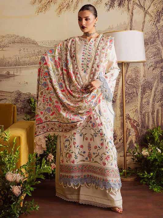 MAHNUR-3PC DHANAK EMBROIDERED SHIRT WITH COURTRAI PRINTED SHAWL & TROUSER-W.J-2037