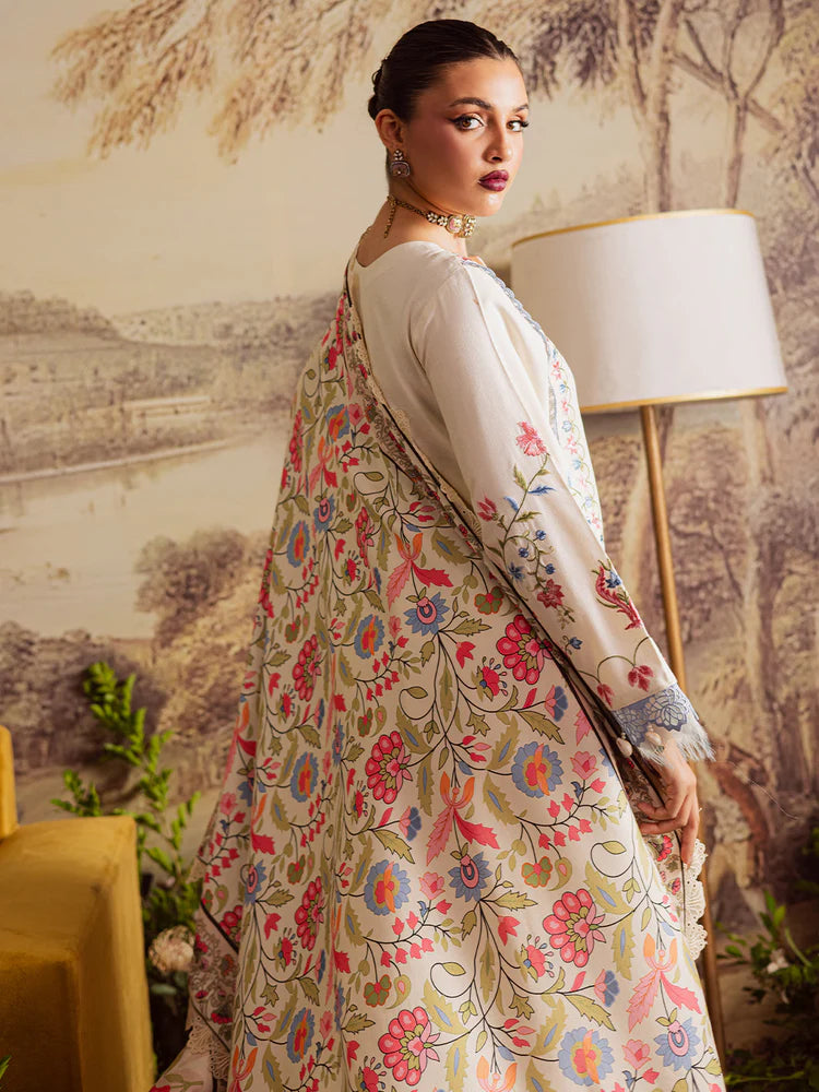 MAHNUR-3PC DHANAK EMBROIDERED SHIRT WITH COURTRAI PRINTED SHAWL & TROUSER-W.J-2037