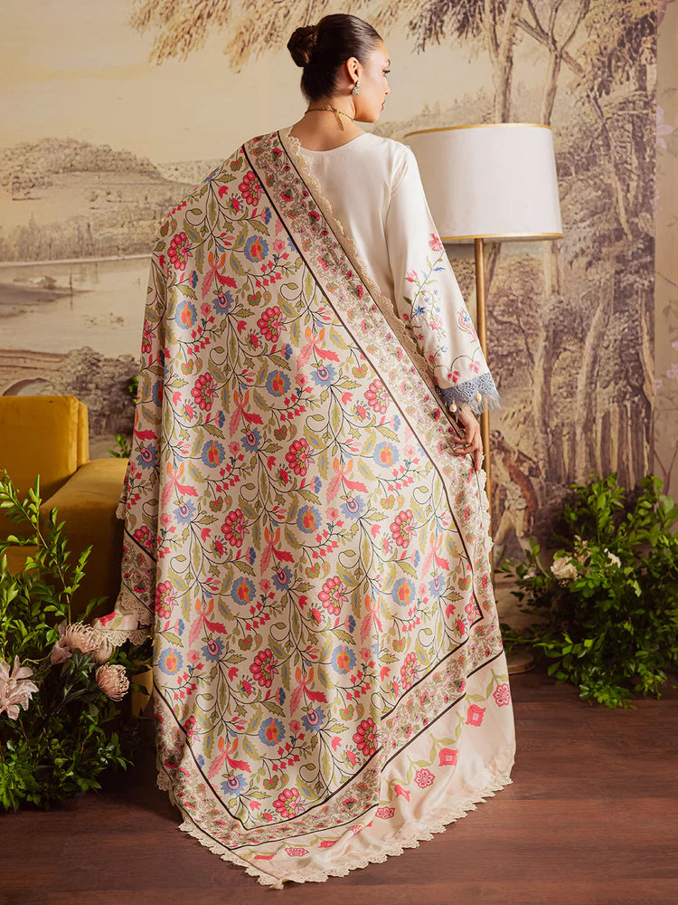 MAHNUR-3PC DHANAK EMBROIDERED SHIRT WITH COURTRAI PRINTED SHAWL & TROUSER-W.J-2037