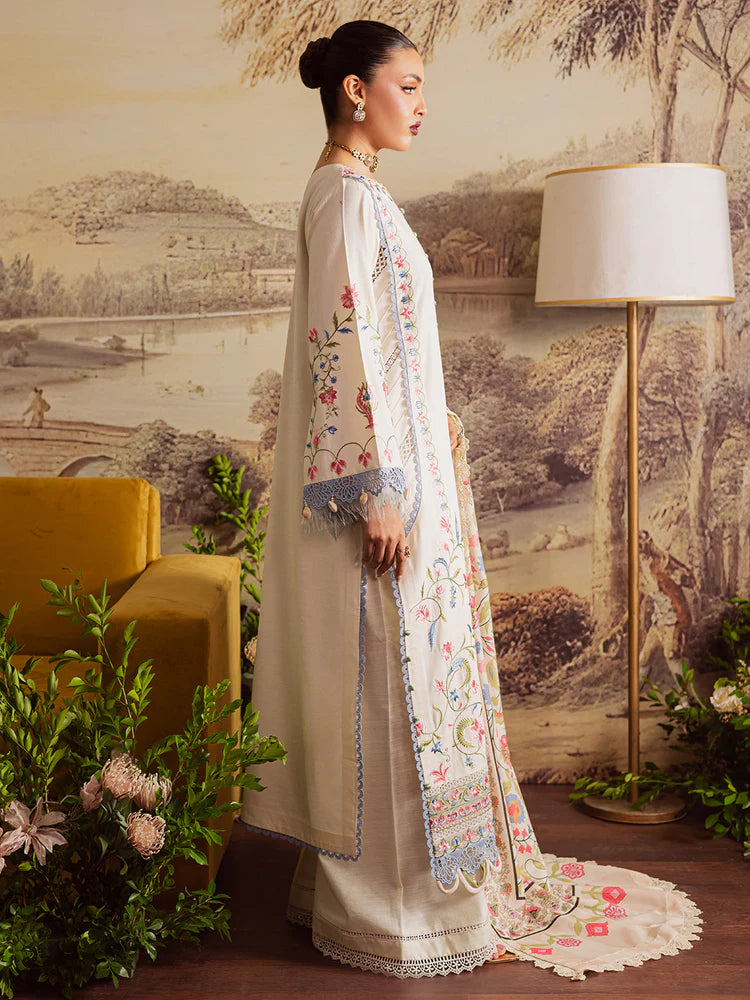 MAHNUR-3PC DHANAK EMBROIDERED SHIRT WITH COURTRAI PRINTED SHAWL & TROUSER-W.J-2037