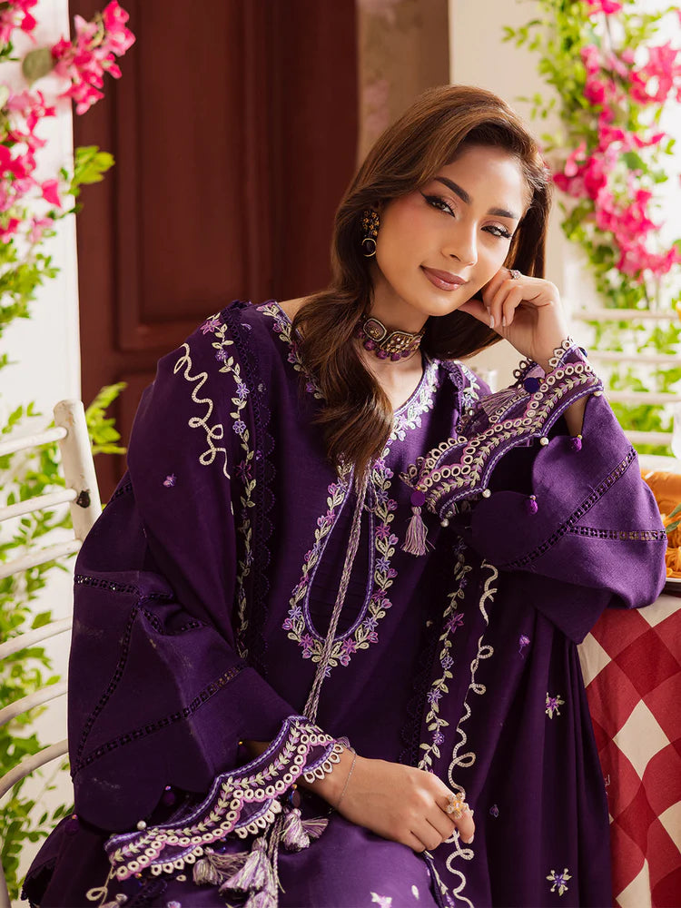 MAHNUR-3PC DHANAK EMBROIDERED SHIRT WITH DHANAK EMBROIDERED SHAWL & TROUSER-W.J-2038