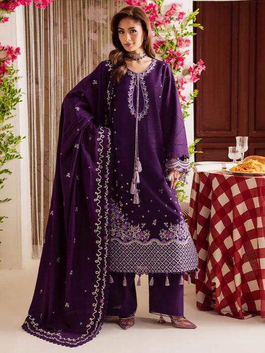 MAHNUR-3PC DHANAK EMBROIDERED SHIRT WITH DHANAK EMBROIDERED SHAWL & TROUSER-W.J-2038