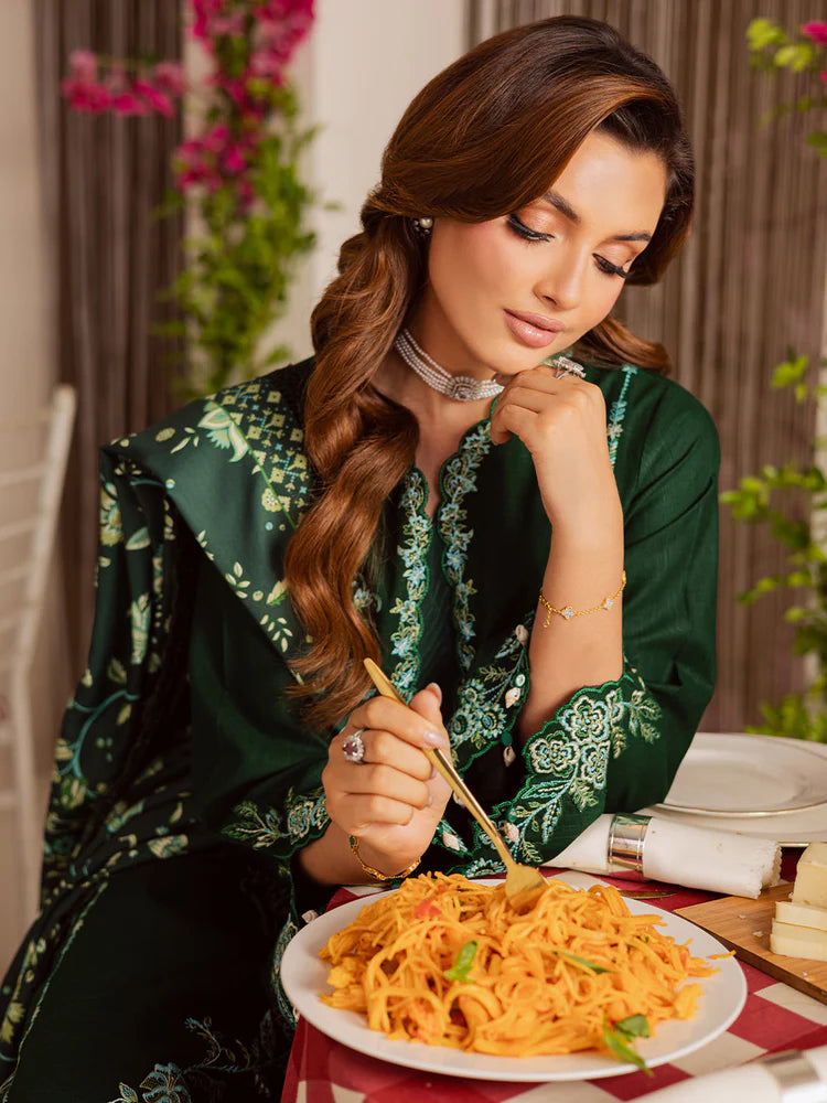 MAHNUR-3PC DHANAK EMBROIDERED SHIRT WITH COURTRAI PRINTED SHAWL & TROUSER-W.J-2039