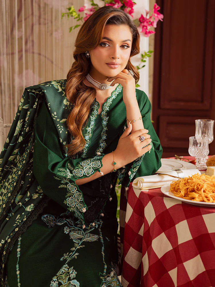 MAHNUR-3PC DHANAK EMBROIDERED SHIRT WITH COURTRAI PRINTED SHAWL & TROUSER-W.J-2039