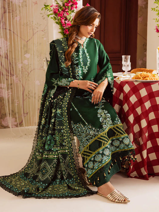MAHNUR-3PC DHANAK EMBROIDERED SHIRT WITH COURTRAI PRINTED SHAWL & TROUSER-W.J-2039