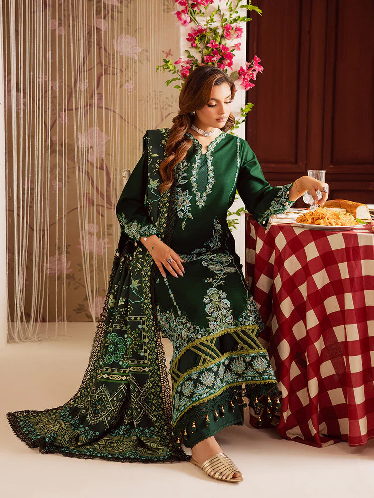 MAHNUR-3PC DHANAK EMBROIDERED SHIRT WITH COURTRAI PRINTED SHAWL & TROUSER-W.J-2039