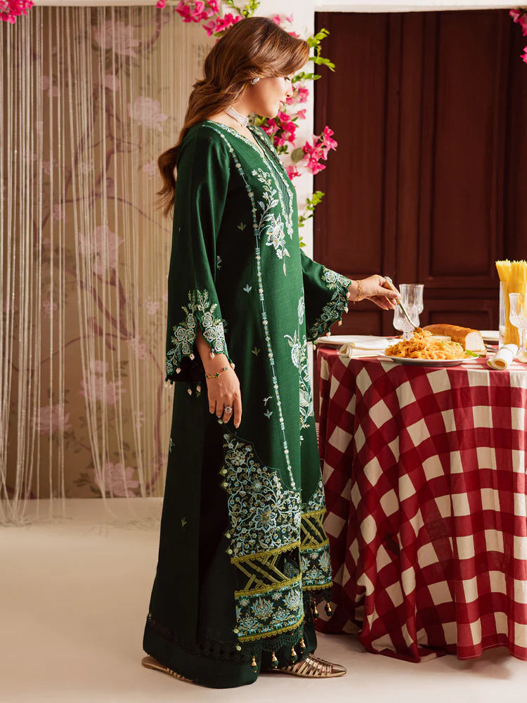 MAHNUR-3PC DHANAK EMBROIDERED SHIRT WITH COURTRAI PRINTED SHAWL & TROUSER-W.J-2039