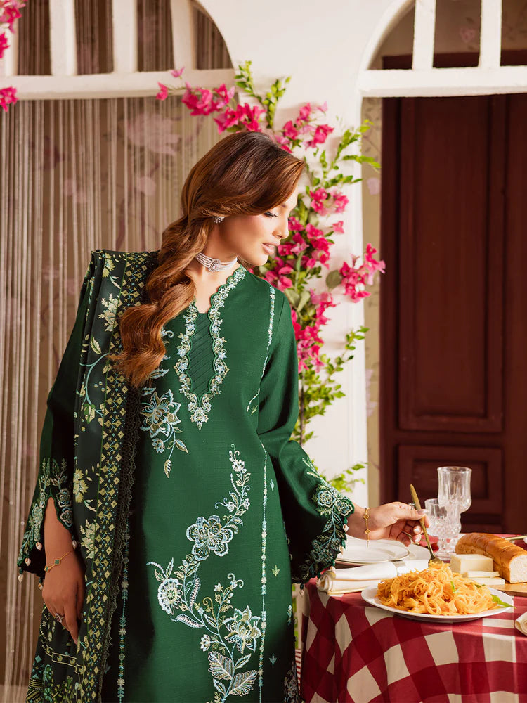 MAHNUR-3PC DHANAK EMBROIDERED SHIRT WITH COURTRAI PRINTED SHAWL & TROUSER-W.J-2039
