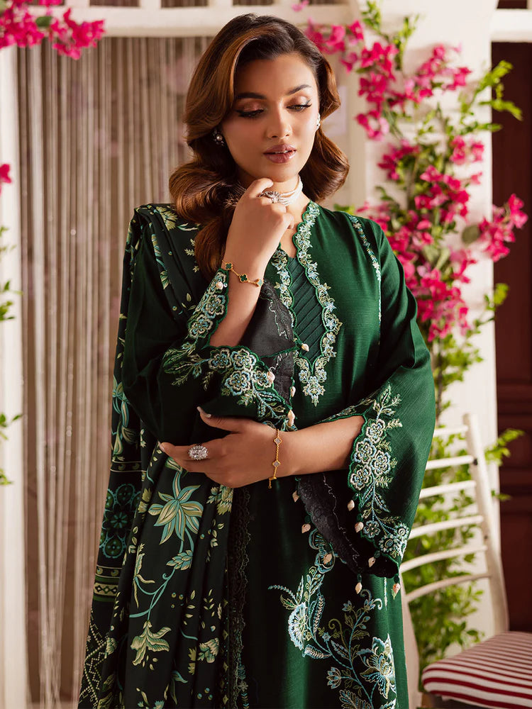 MAHNUR-3PC DHANAK EMBROIDERED SHIRT WITH COURTRAI PRINTED SHAWL & TROUSER-W.J-2039