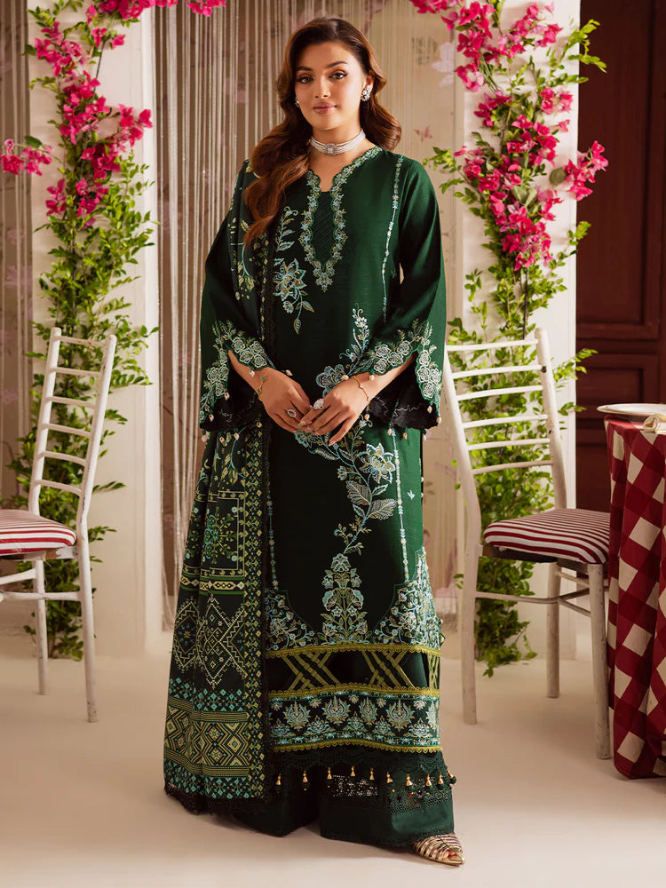MAHNUR-3PC DHANAK EMBROIDERED SHIRT WITH COURTRAI PRINTED SHAWL & TROUSER-W.J-2039