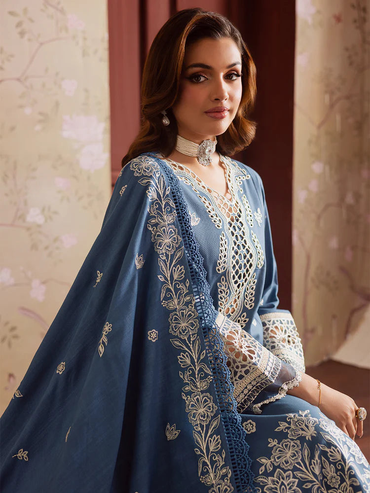 MAHNUR-3PC DHANAK EMBROIDERED SHIRT WITH DHANAK EMBROIDERED SHAWL & TROUSER-W.J-2042