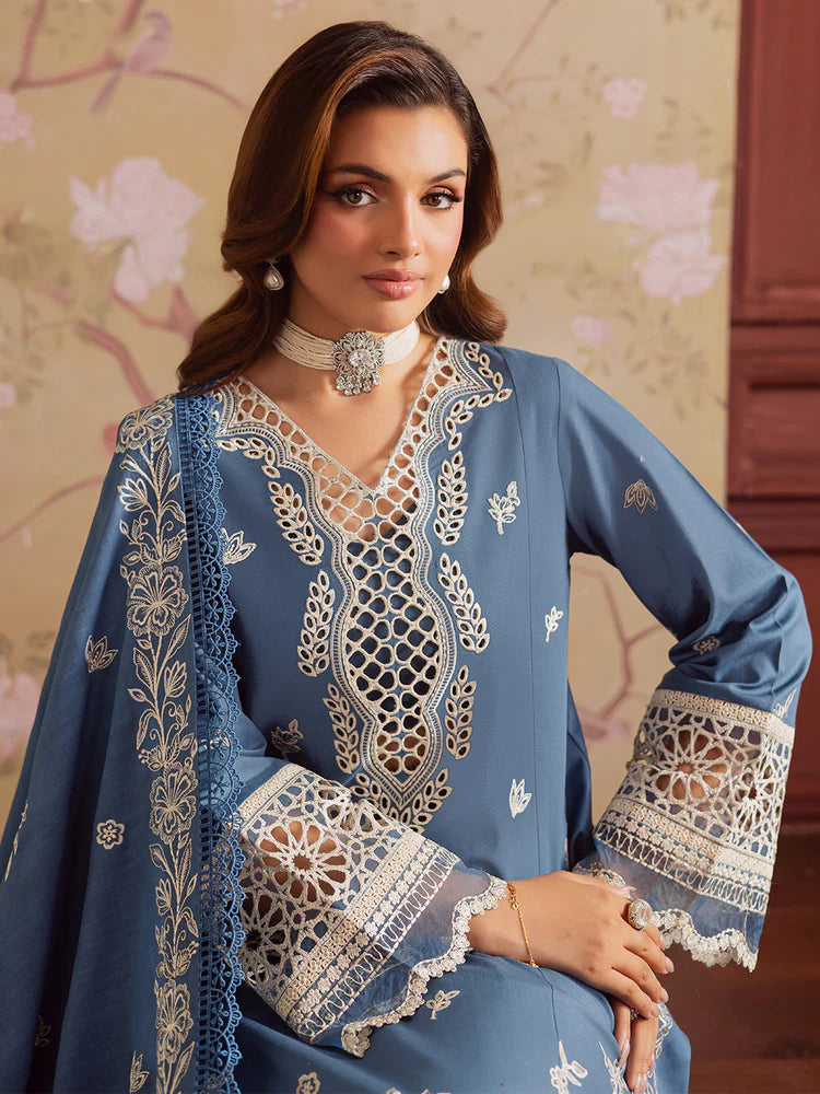 MAHNUR-3PC DHANAK EMBROIDERED SHIRT WITH DHANAK EMBROIDERED SHAWL & TROUSER-W.J-2042