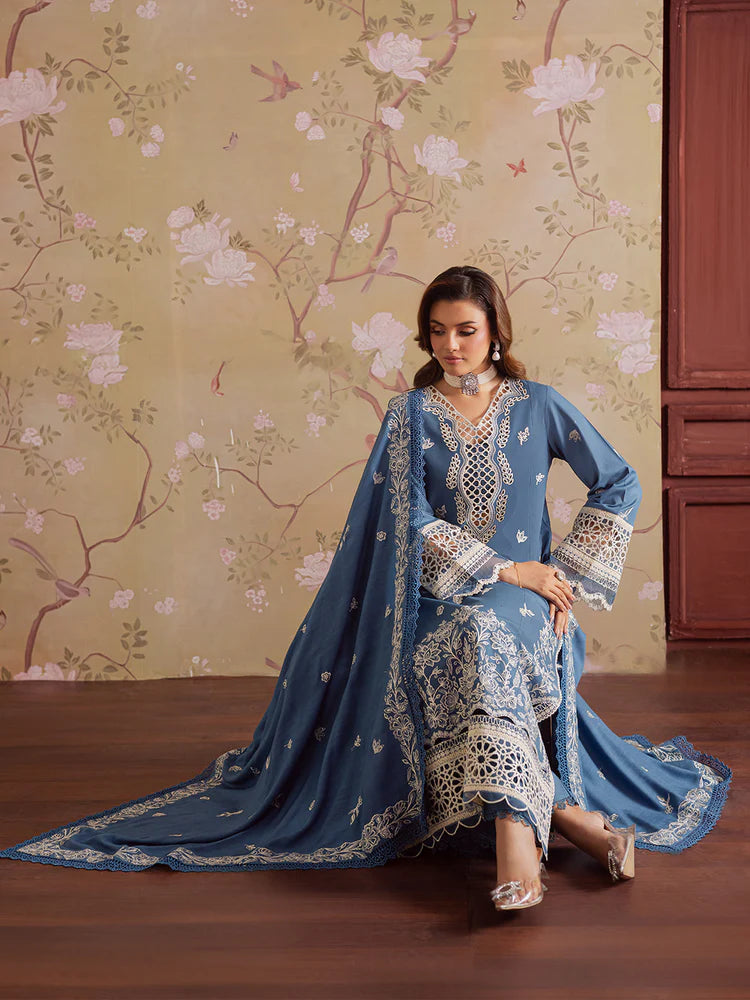 MAHNUR-3PC DHANAK EMBROIDERED SHIRT WITH DHANAK EMBROIDERED SHAWL & TROUSER-W.J-2042