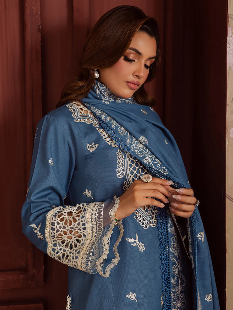 MAHNUR-3PC DHANAK EMBROIDERED SHIRT WITH DHANAK EMBROIDERED SHAWL & TROUSER-W.J-2042