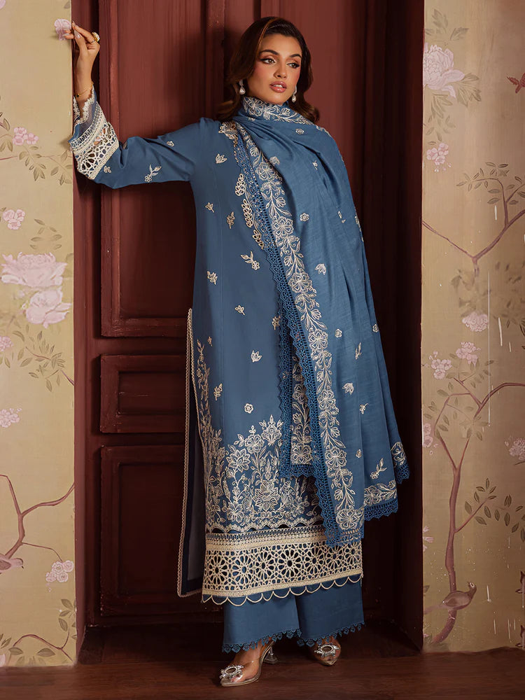MAHNUR-3PC DHANAK EMBROIDERED SHIRT WITH DHANAK EMBROIDERED SHAWL & TROUSER-W.J-2042