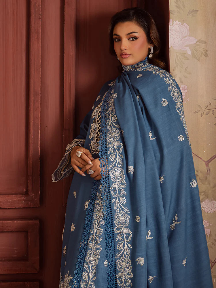 MAHNUR-3PC DHANAK EMBROIDERED SHIRT WITH DHANAK EMBROIDERED SHAWL & TROUSER-W.J-2042