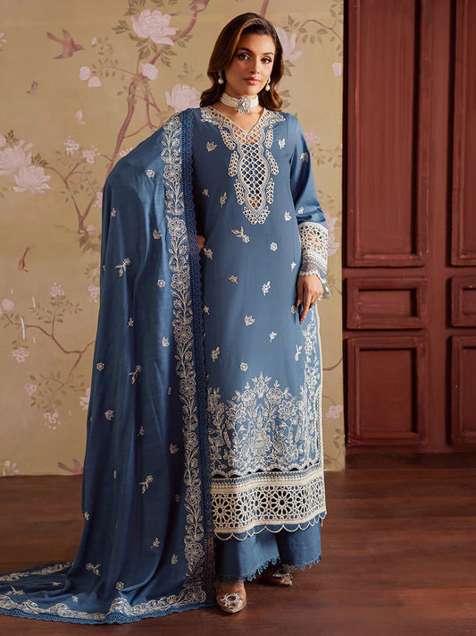MAHNUR-3PC DHANAK EMBROIDERED SHIRT WITH DHANAK EMBROIDERED SHAWL & TROUSER-W.J-2042