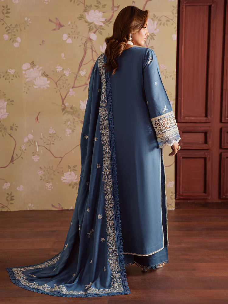 MAHNUR-3PC DHANAK EMBROIDERED SHIRT WITH DHANAK EMBROIDERED SHAWL & TROUSER-W.J-2042