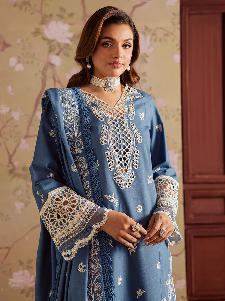 MAHNUR-3PC DHANAK EMBROIDERED SHIRT WITH DHANAK EMBROIDERED SHAWL & TROUSER-W.J-2042