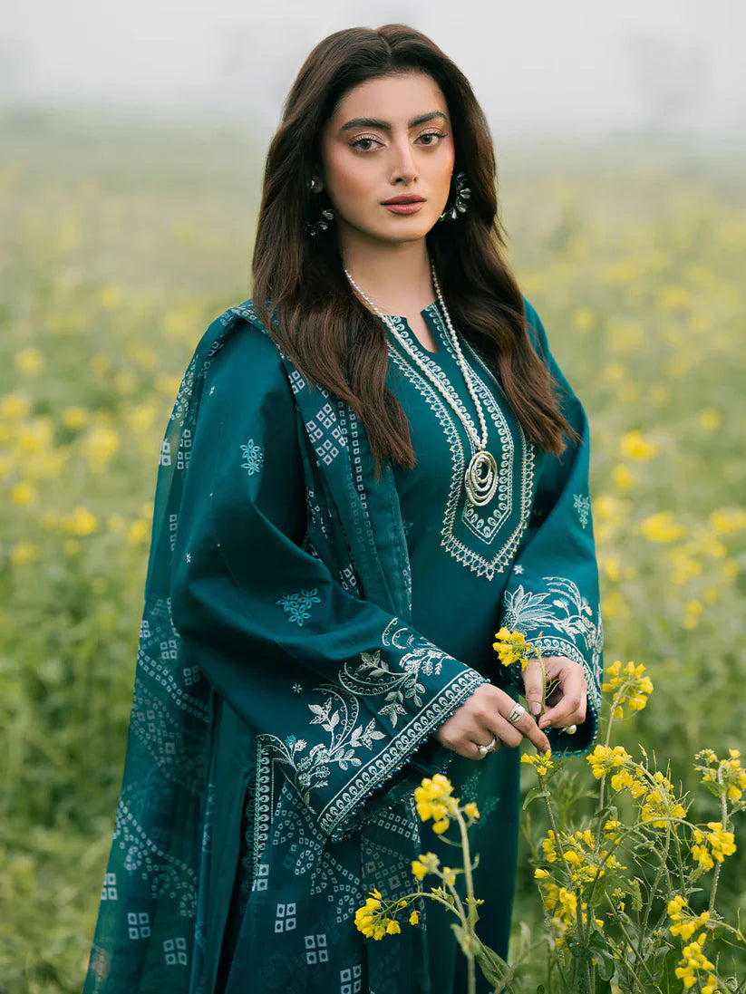 IZEL-3PC DHANAK EMBROIDERED SHIRT WITH COURTRAI PRINTED SHAWL AND TROUSER-W.J-1669