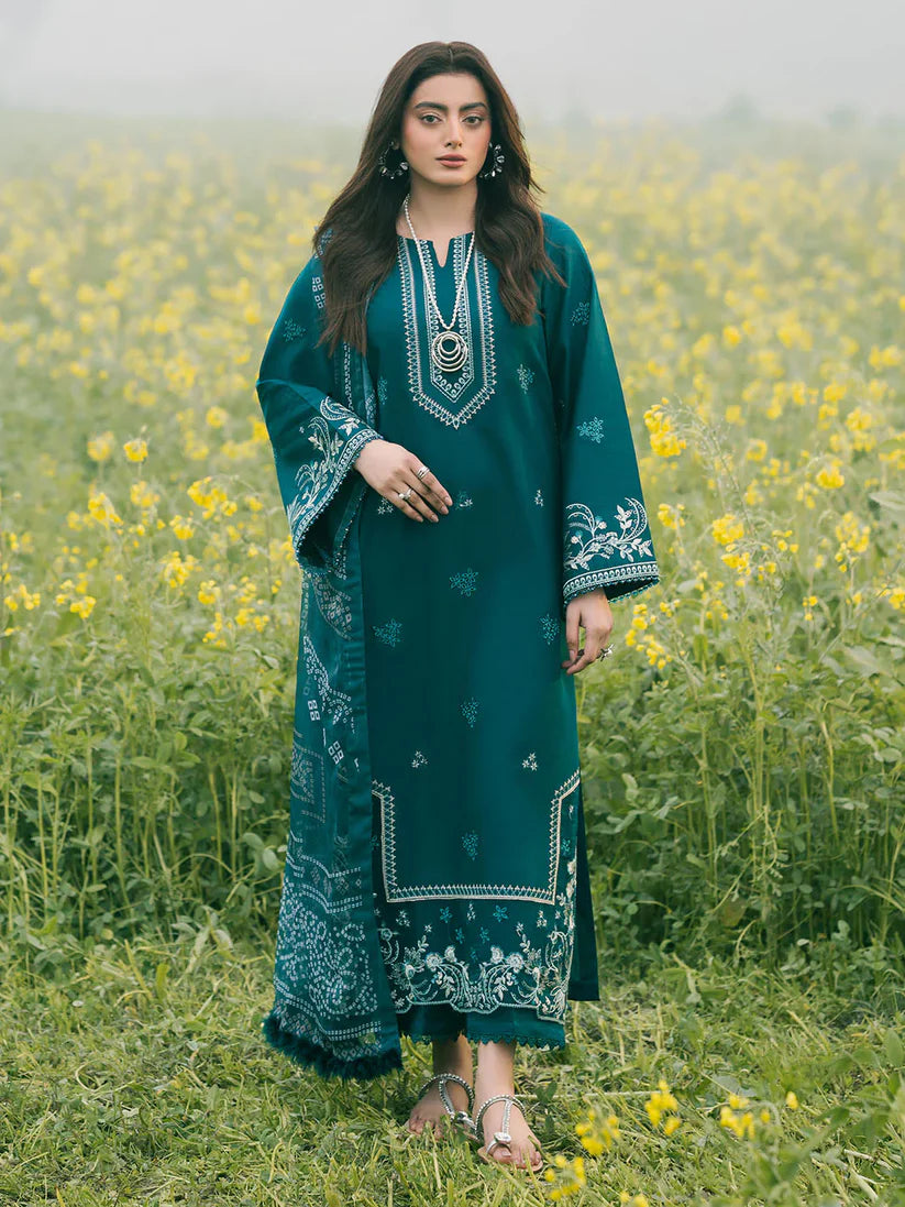 IZEL-3PC DHANAK EMBROIDERED SHIRT WITH COURTRAI PRINTED SHAWL AND TROUSER-W.J-1669
