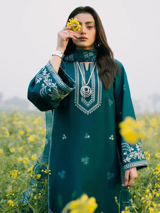 IZEL-3PC DHANAK EMBROIDERED SHIRT WITH COURTRAI PRINTED SHAWL AND TROUSER-W.J-1669