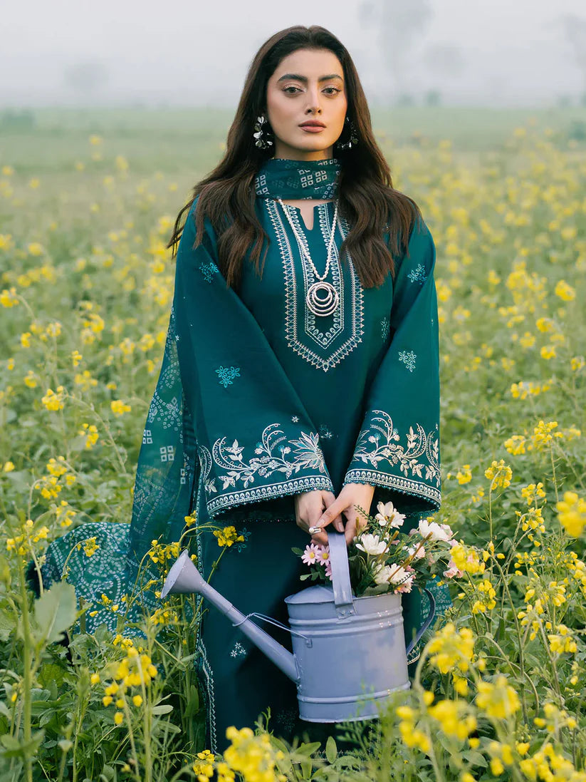 IZEL-3PC DHANAK EMBROIDERED SHIRT WITH COURTRAI PRINTED SHAWL AND TROUSER-W.J-1669