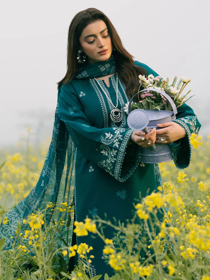 IZEL-3PC DHANAK EMBROIDERED SHIRT WITH COURTRAI PRINTED SHAWL AND TROUSER-W.J-1669