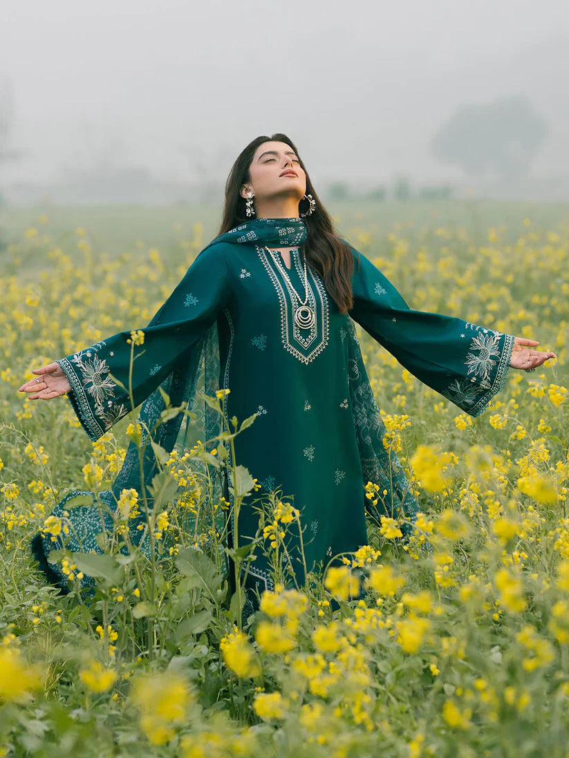 IZEL-3PC DHANAK EMBROIDERED SHIRT WITH COURTRAI PRINTED SHAWL AND TROUSER-W.J-1669